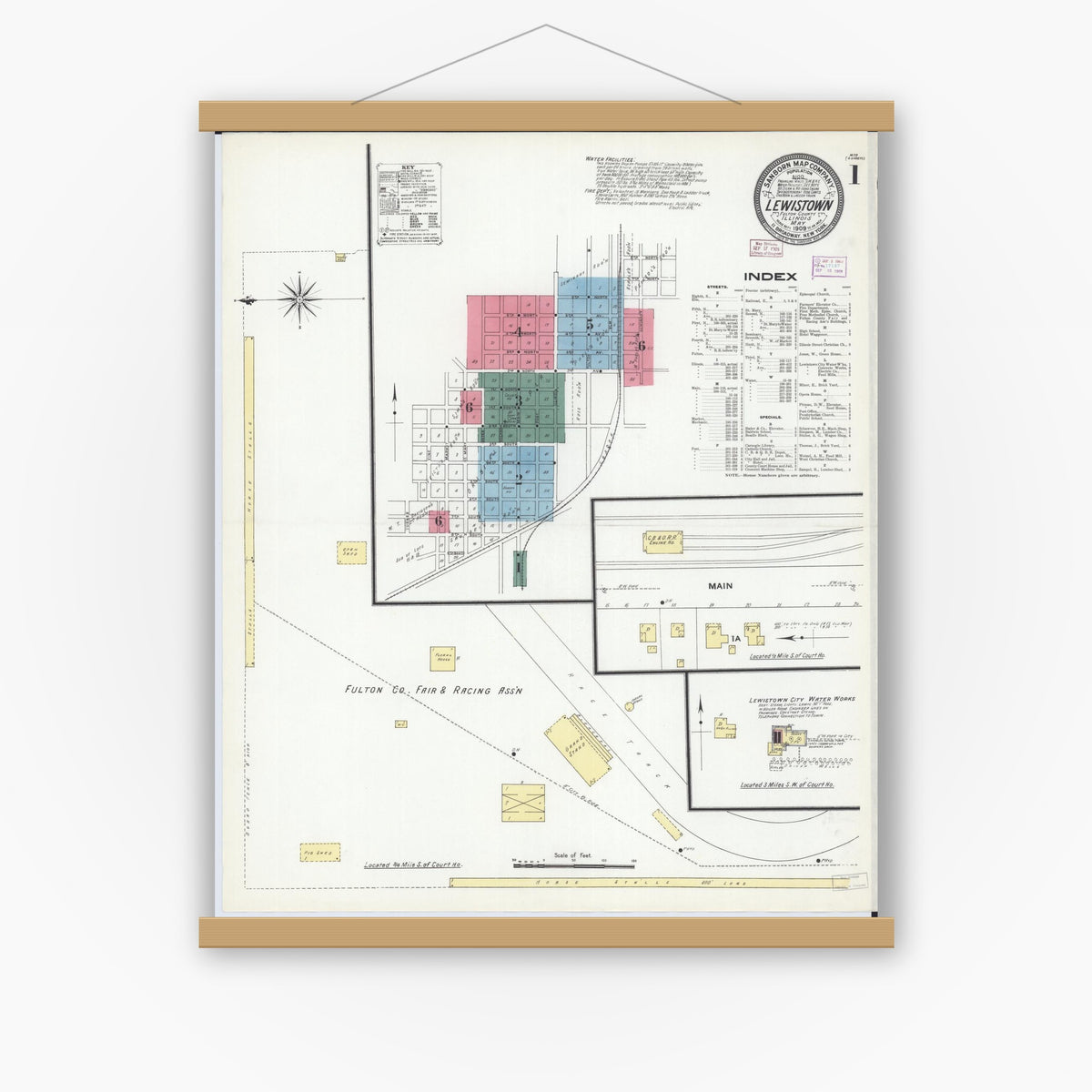 Old map wall art mockup — magnetic wood frame on white wall — Sanborn Fire Insurance Map from Lewistown, Fulton County, Illinois (1909) - Complete Map Set