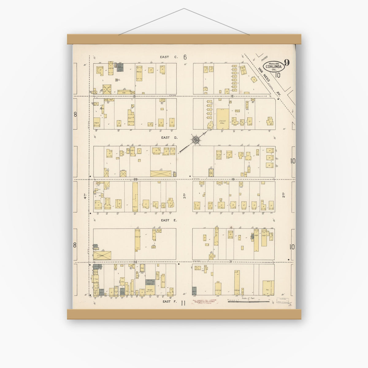 Old map wall art mockup — magnetic wood frame on white wall — Sanborn Fire Insurance Map from Coalinga, Fresno County, California (1910), Sheet #0009