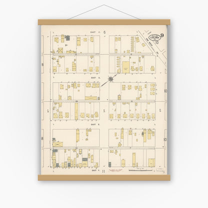 Old map wall art mockup — magnetic wood frame on white wall — Sanborn Fire Insurance Map from Coalinga, Fresno County, California (1910), Sheet #0009