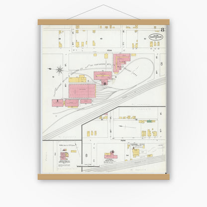 Old map wall art mockup — magnetic wood frame on white wall — Sanborn Fire Insurance Map from Huntingdon, Huntingdon County, Pennsylvania (1901), Sheet #0008
