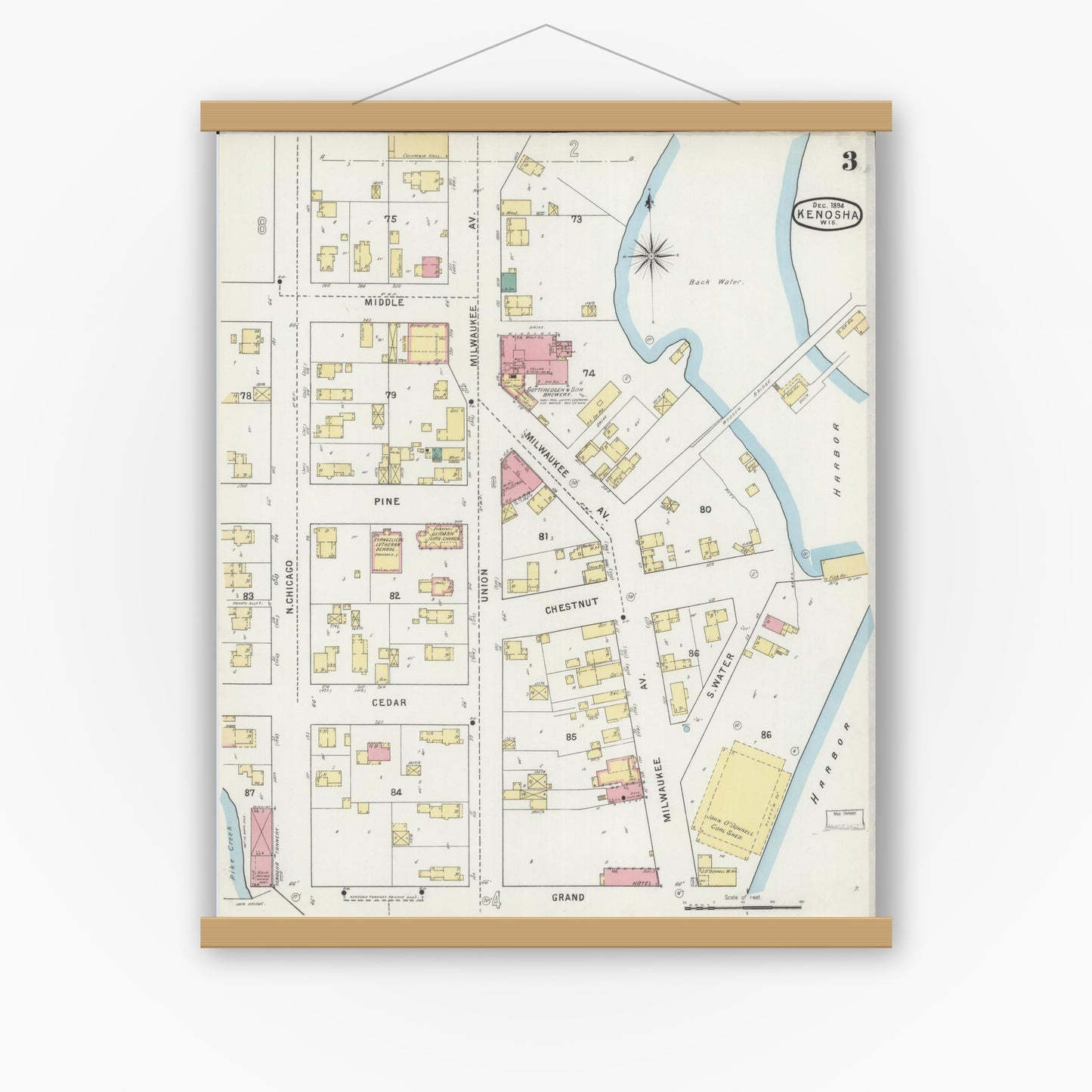 Old map wall art mockup — magnetic wood frame on white wall — Sanborn Fire Insurance Map from Kenosha, Kenosha County, Wisconsin (1894), Sheet #0003
