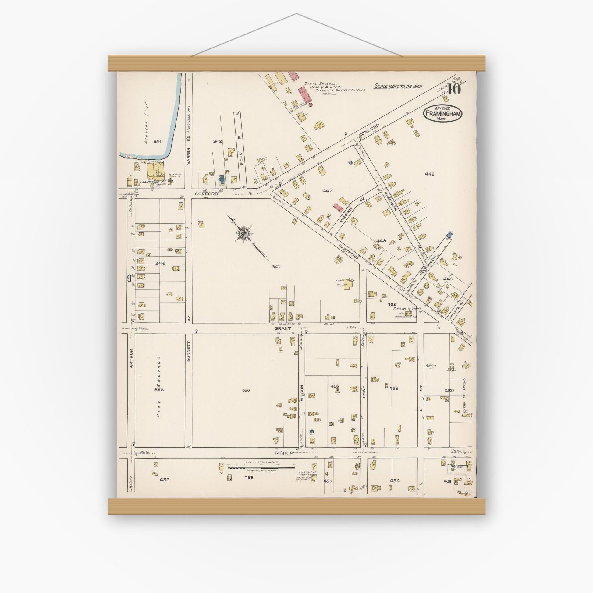 Old map wall art mockup — magnetic wood frame on white wall — Sanborn Fire Insurance Map from Framingham, Middlesex County, Massachusetts (1922), Sheet #0010