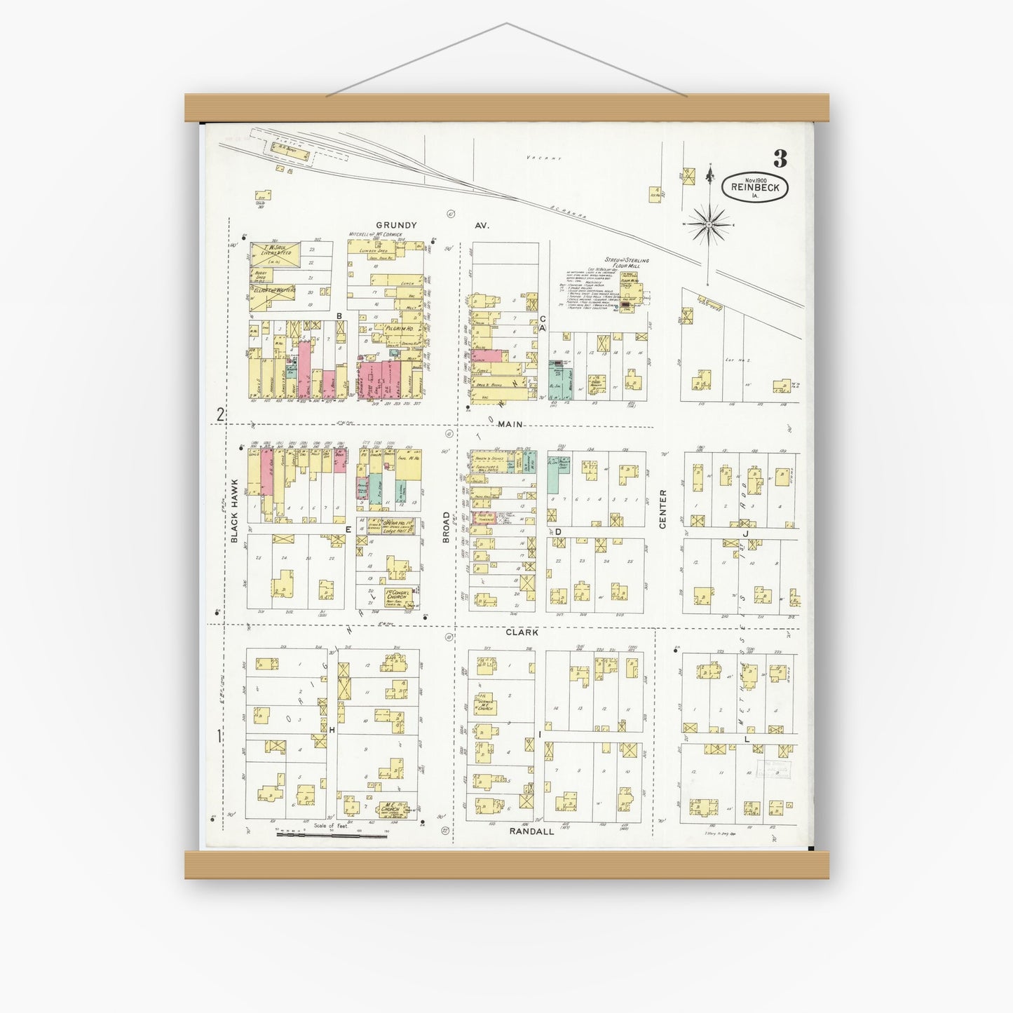 Old map wall art mockup — magnetic wood frame on white wall — Sanborn Fire Insurance Map from Reinbeck, Grundy County, Iowa (1900), Sheet #0003