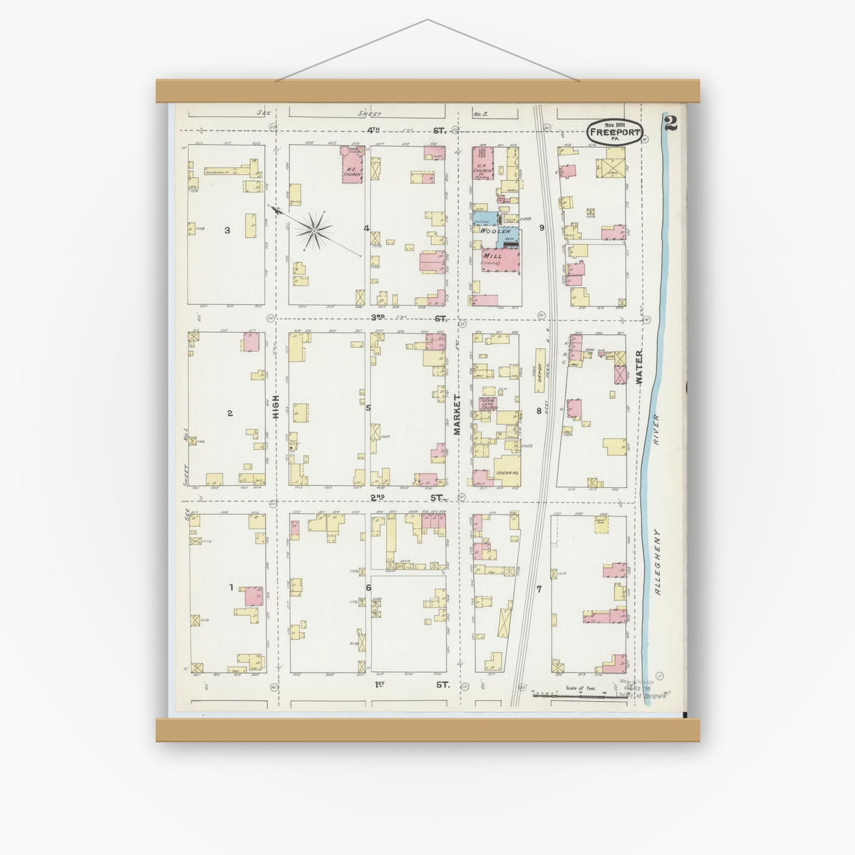 Old map wall art mockup — magnetic wood frame on white wall — Sanborn Fire Insurance Map from Freeport, Armstrong County, Pennsylvania (1891), Sheet #0002