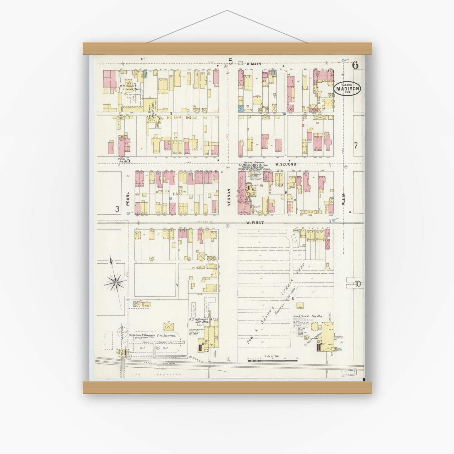 Old map wall art mockup — magnetic wood frame on white wall — Sanborn Fire Insurance Map from Madison, Jefferson County, Indiana (1897), Sheet #0006