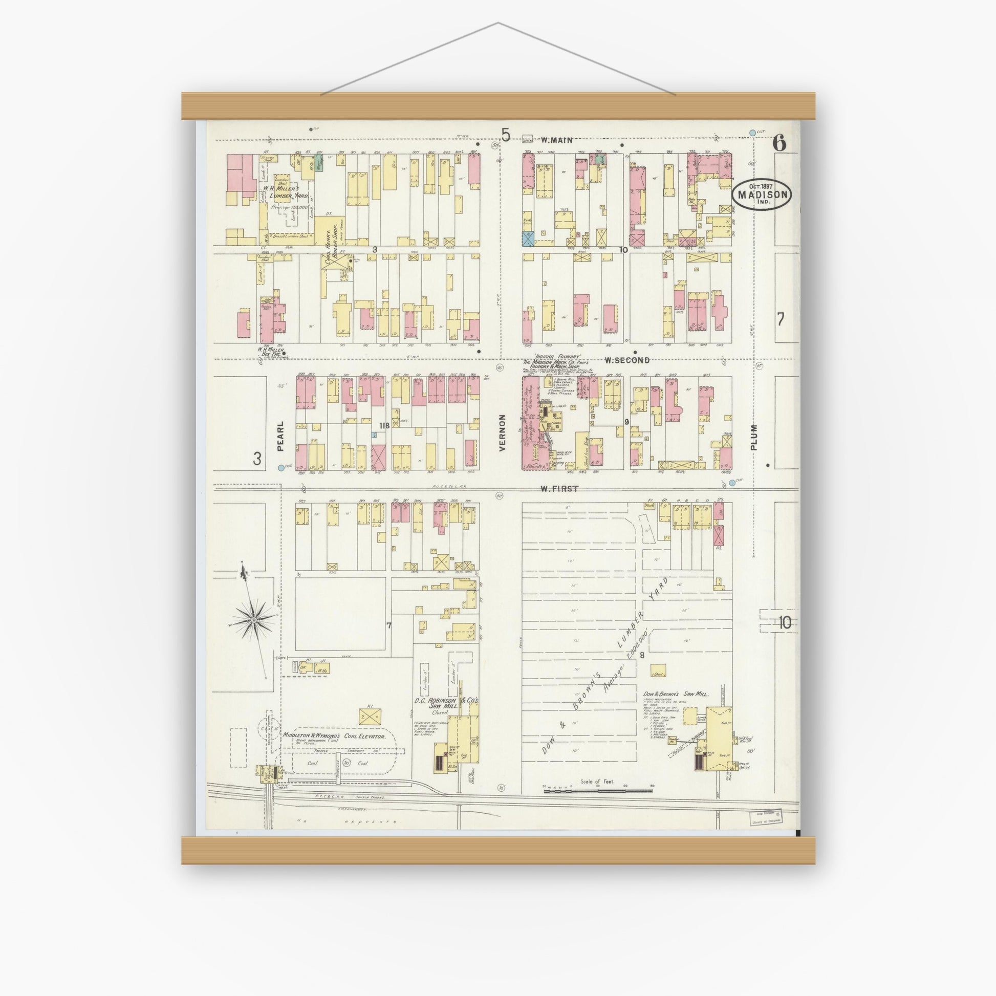 Old map wall art mockup — magnetic wood frame on white wall — Sanborn Fire Insurance Map from Madison, Jefferson County, Indiana (1897), Sheet #0006