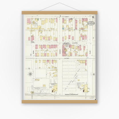 Old map wall art mockup — magnetic wood frame on white wall — Sanborn Fire Insurance Map from Madison, Jefferson County, Indiana (1897), Sheet #0006