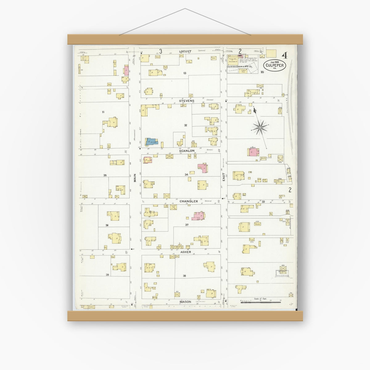 Old map wall art mockup — magnetic wood frame on white wall — Sanborn Fire Insurance Map from Culpeper, Culpeper County, Virginia (1908), Sheet #0004