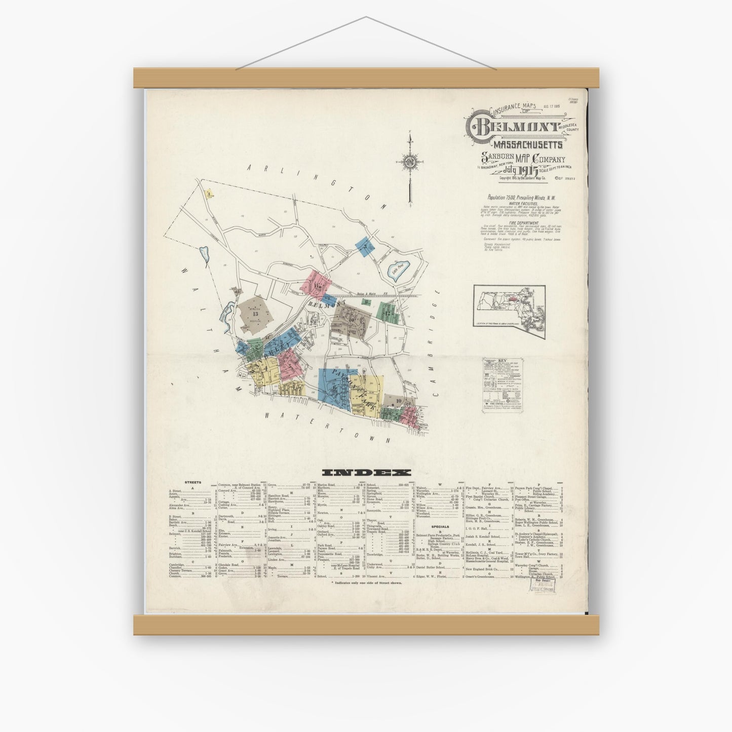 Old map wall art mockup — magnetic wood frame on white wall — Sanborn Fire Insurance Map from Belmont, Middlesex County, Massachusetts (1915), Sheet #0001