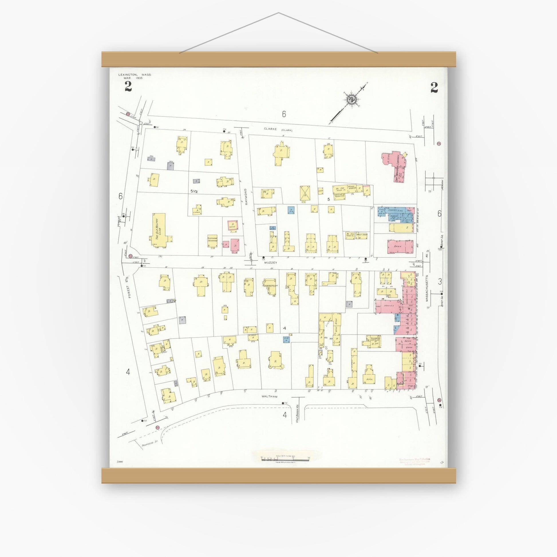 Old map wall art mockup — magnetic wood frame on white wall — Sanborn Fire Insurance Map from Lexington, Middlesex County, Massachusetts (1935), Sheet #0002