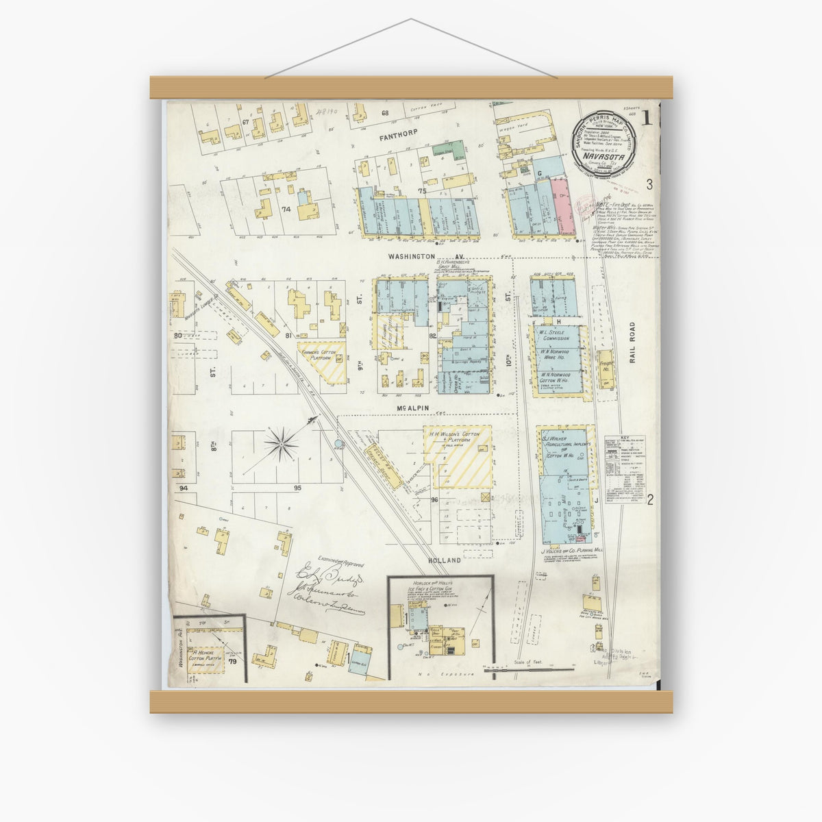Old map wall art mockup — magnetic wood frame on white wall — Sanborn Fire Insurance Map from Navasota, Grimes County, Texas (1896), Sheet #0001