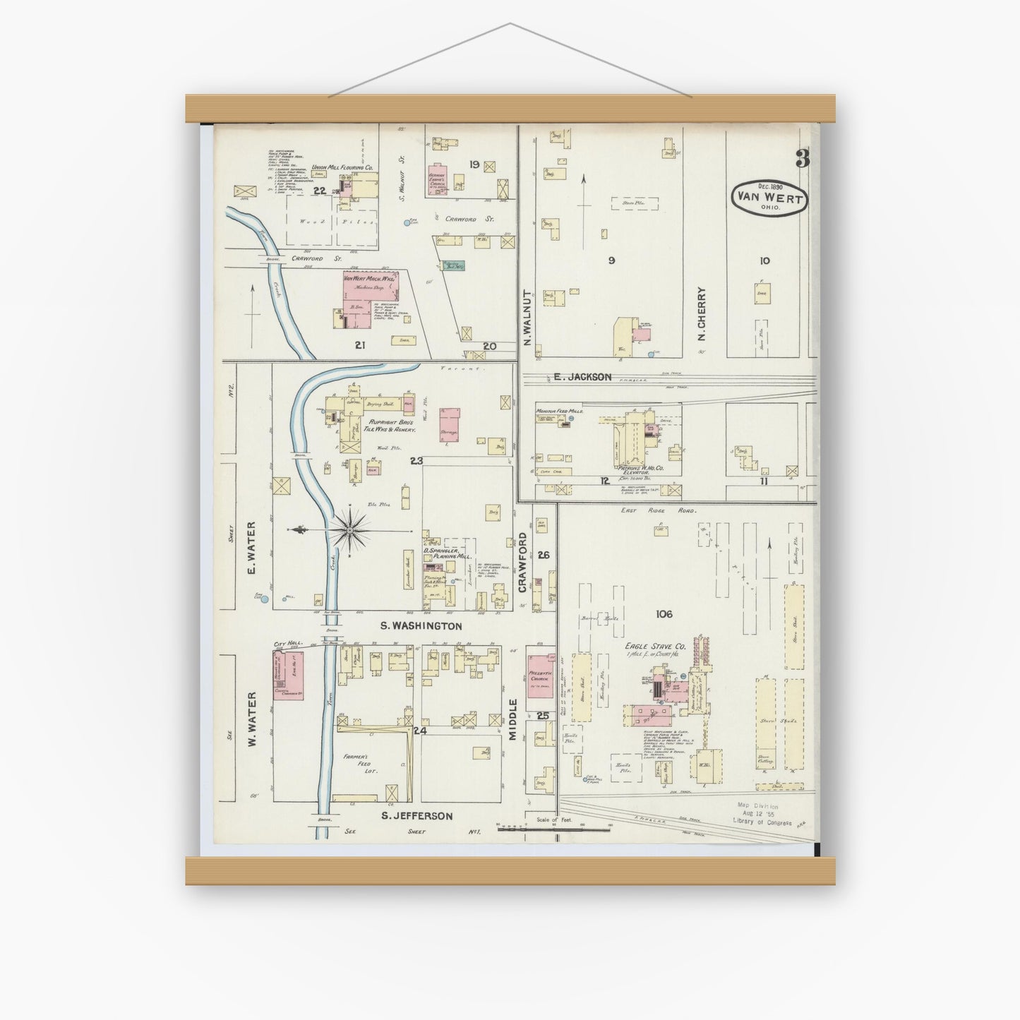 Old map wall art mockup — magnetic wood frame on white wall — Sanborn Fire Insurance Map from Van Wert, Van Wert County, Ohio (1890), Sheet #0003