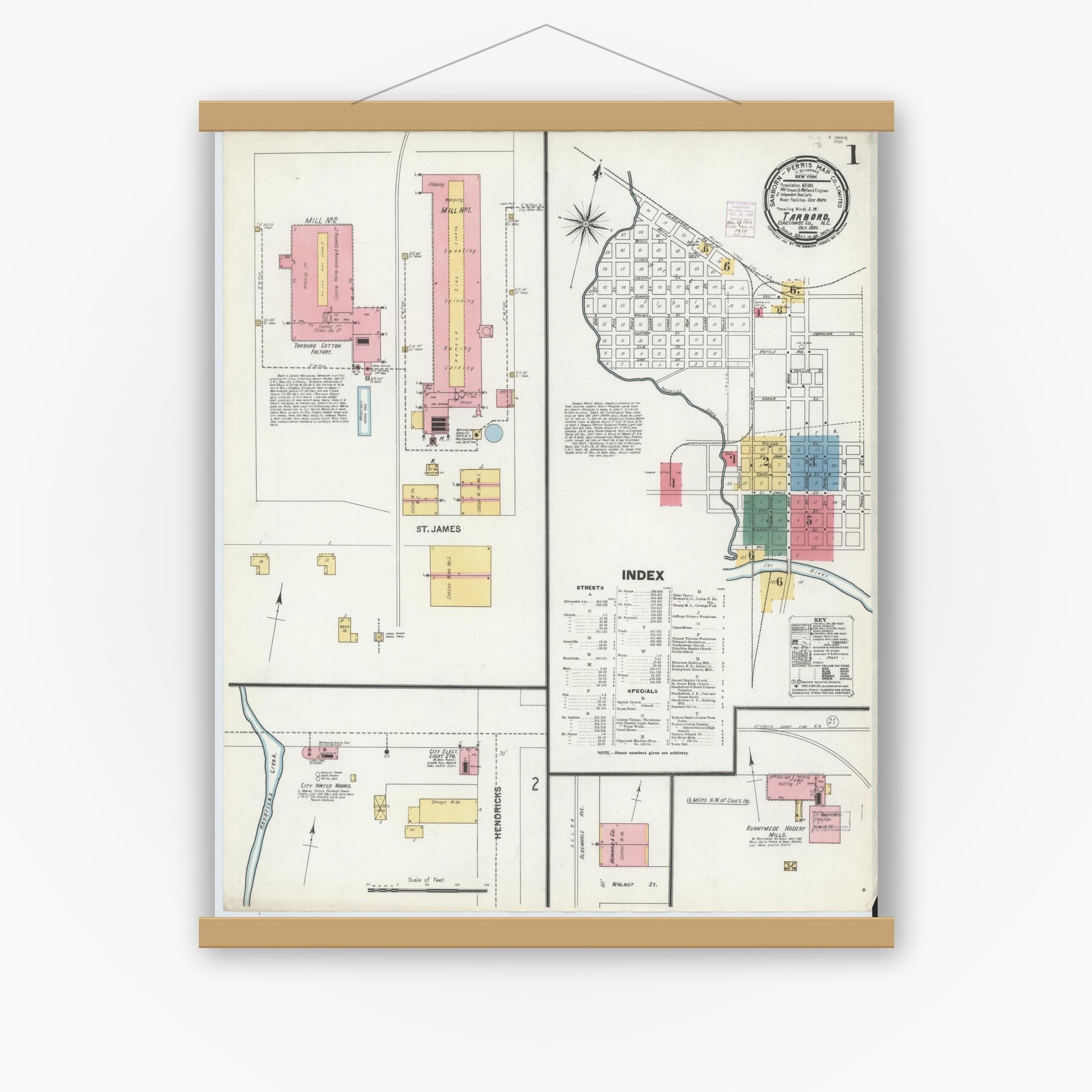 Old map wall art mockup — magnetic wood frame on white wall — Sanborn Fire Insurance Map from Tarboro, Edgecombe County, North Carolina (1901) - Complete Map Set