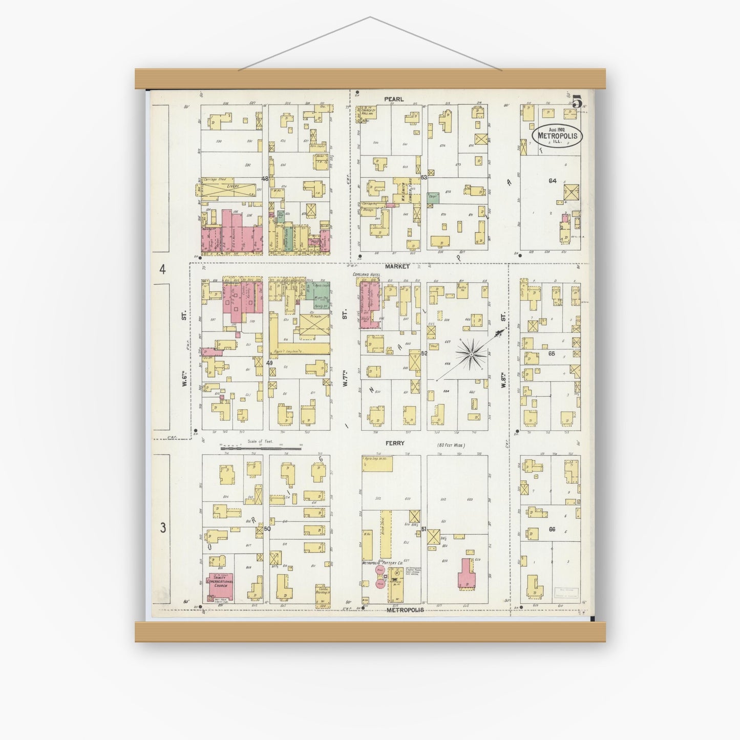 Old map wall art mockup — magnetic wood frame on white wall — Sanborn Fire Insurance Map from Metropolis, Massac County, Illinois (1902), Sheet #0005
