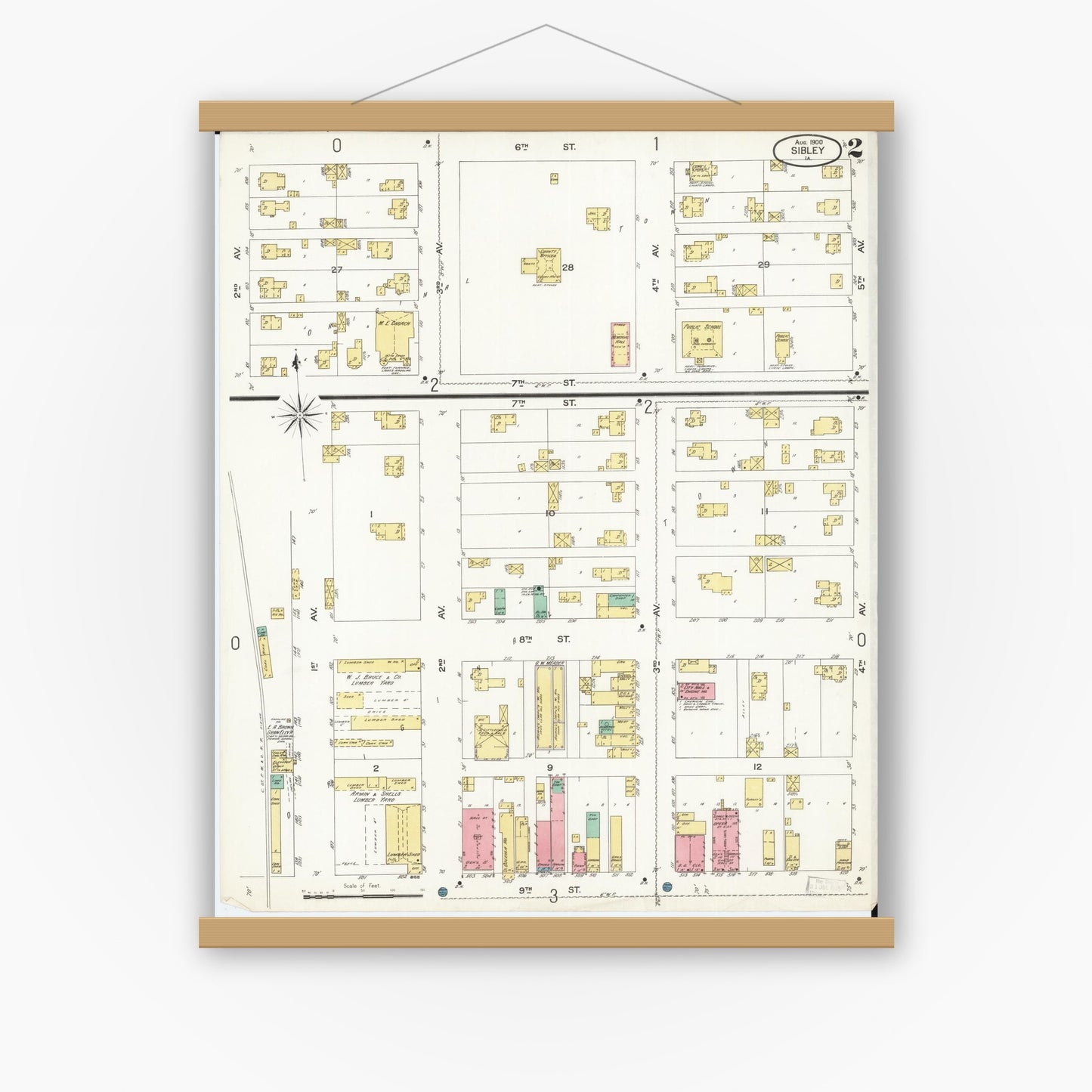 Old map wall art mockup — magnetic wood frame on white wall — Sanborn Fire Insurance Map from Sibley, Osceola County, Iowa (1900), Sheet #0002