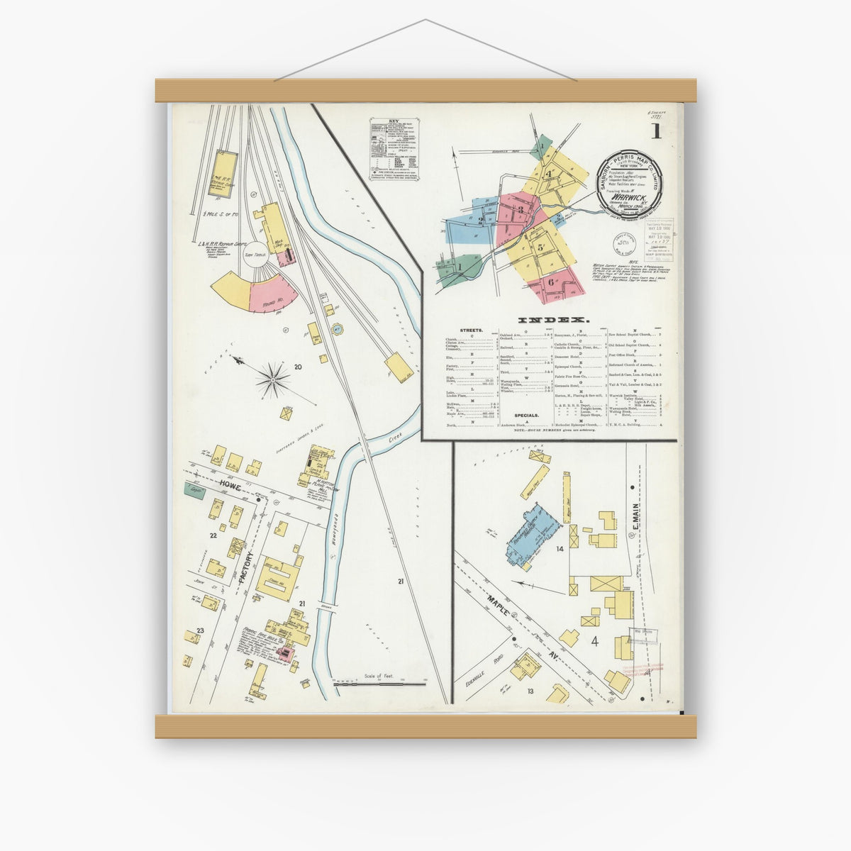 Old map wall art mockup — magnetic wood frame on white wall — Sanborn Fire Insurance Map from Warwick, Orange County, New York (1900) - Complete Map Set