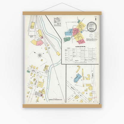 Old map wall art mockup — magnetic wood frame on white wall — Sanborn Fire Insurance Map from Warwick, Orange County, New York (1900) - Complete Map Set