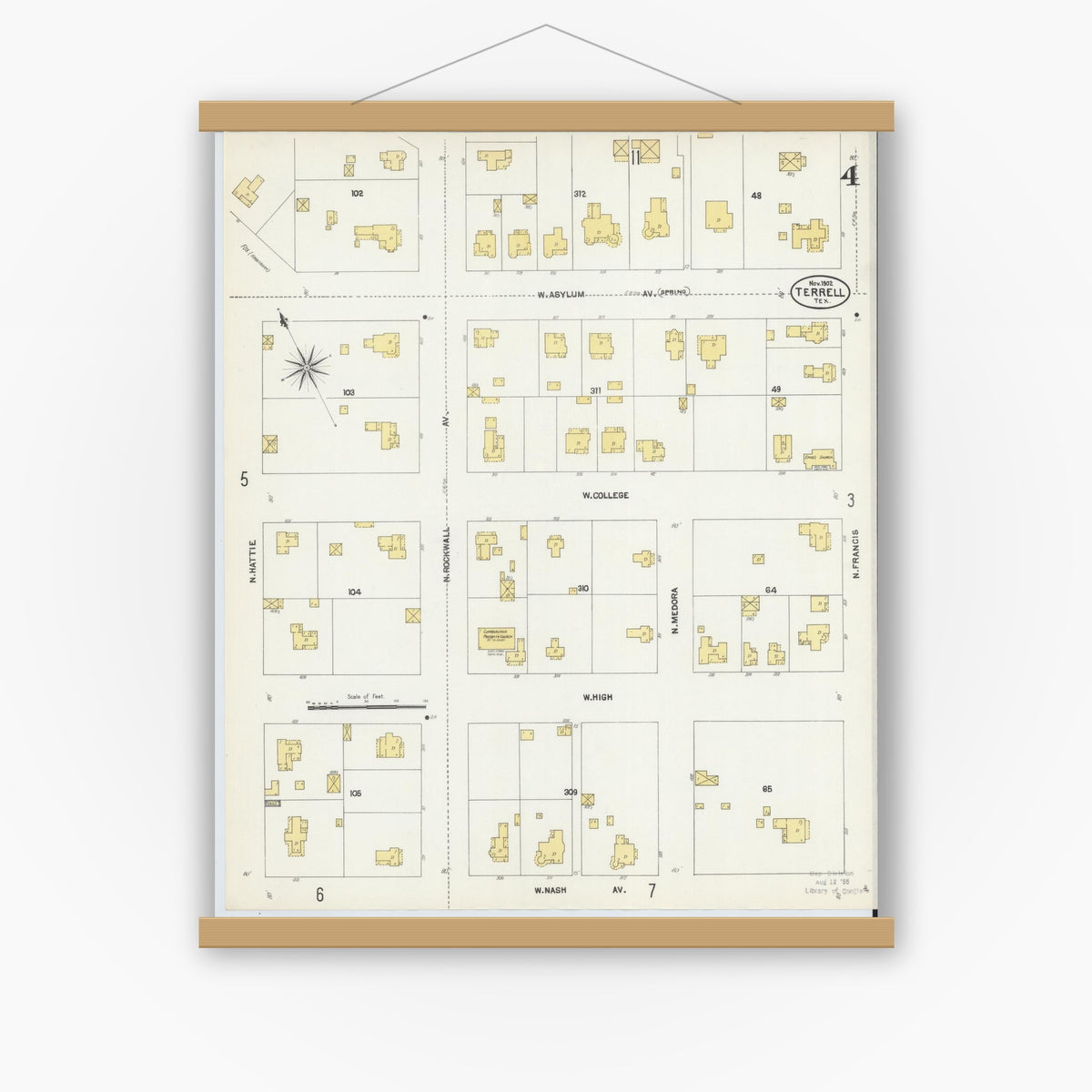 Old map wall art mockup — magnetic wood frame on white wall — Sanborn Fire Insurance Map from Terrell, Kaufman County, Texas (1902), Sheet #0004