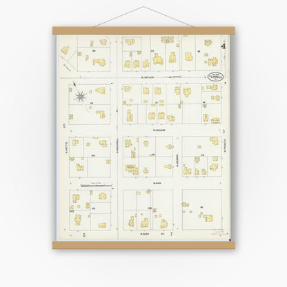 Old map wall art mockup — magnetic wood frame on white wall — Sanborn Fire Insurance Map from Terrell, Kaufman County, Texas (1902), Sheet #0004