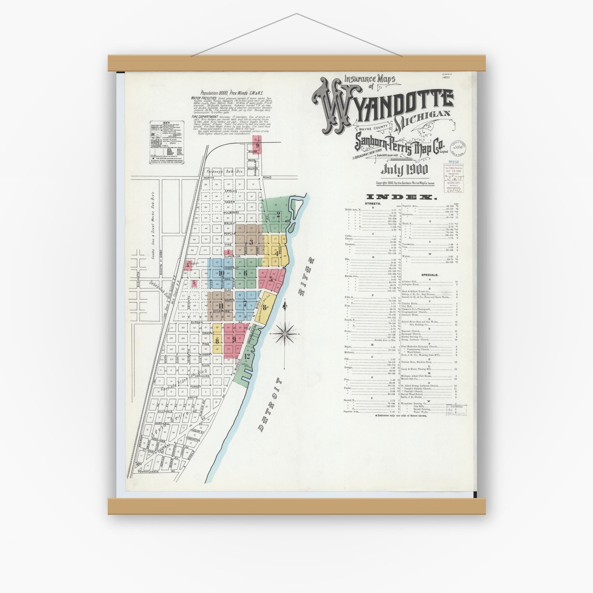 Old map wall art mockup — magnetic wood frame on white wall — Sanborn Fire Insurance Map from Wyandotte, Wayne County, Michigan (1900), Sheet #0001