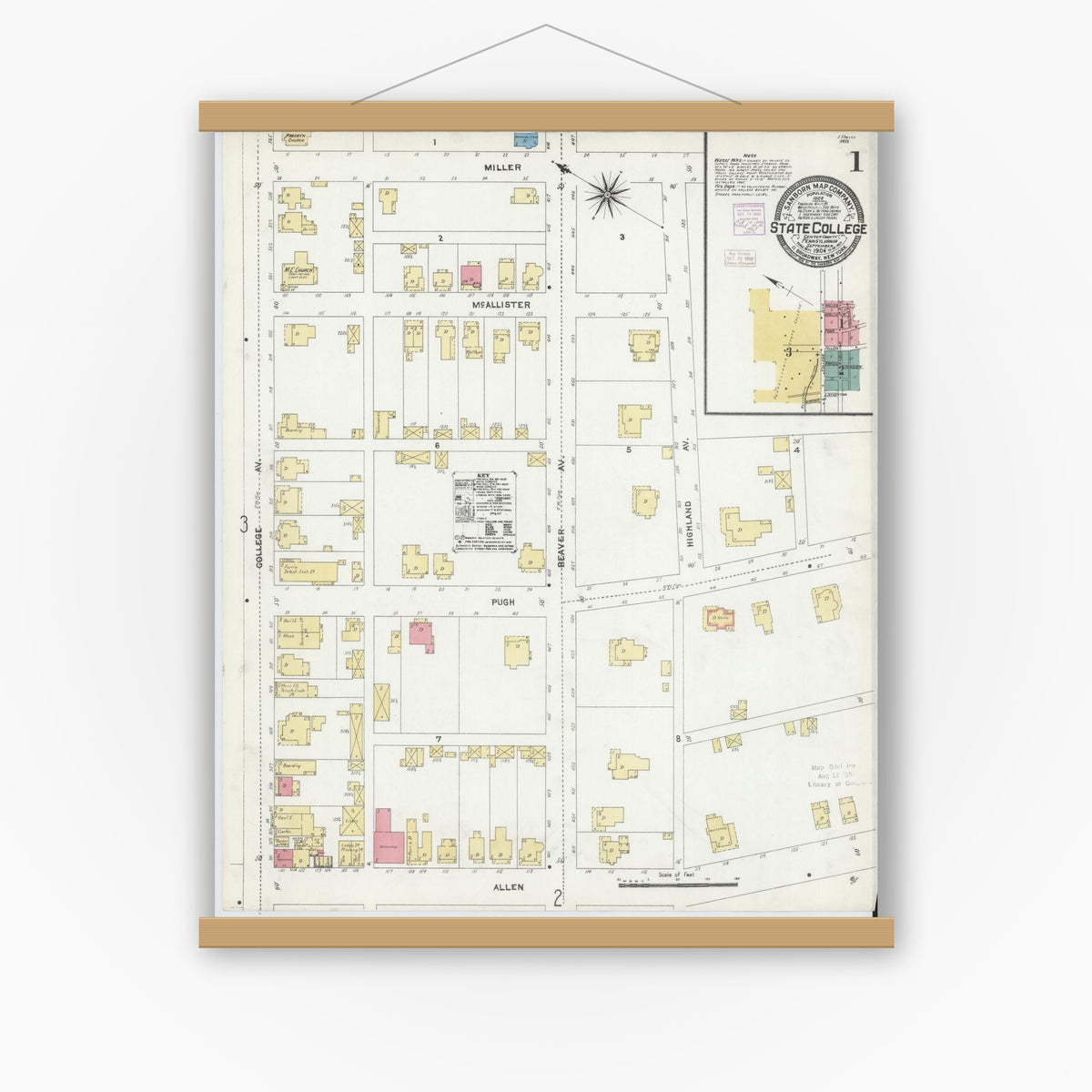 Old map wall art mockup — magnetic wood frame on white wall — Sanborn Fire Insurance Map from State College, Centre County, Pennsylvania (1906) - Complete Map Set