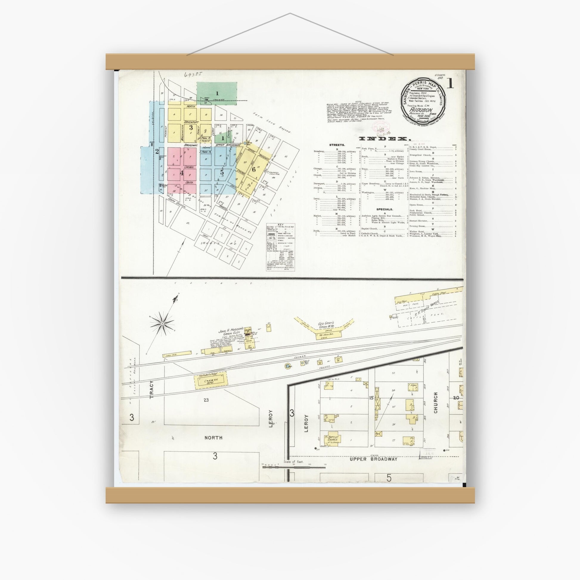 Old map wall art mockup — magnetic wood frame on white wall — Sanborn Fire Insurance Map from Audubon, Audubon County, Iowa (1896) â€” Complete Set