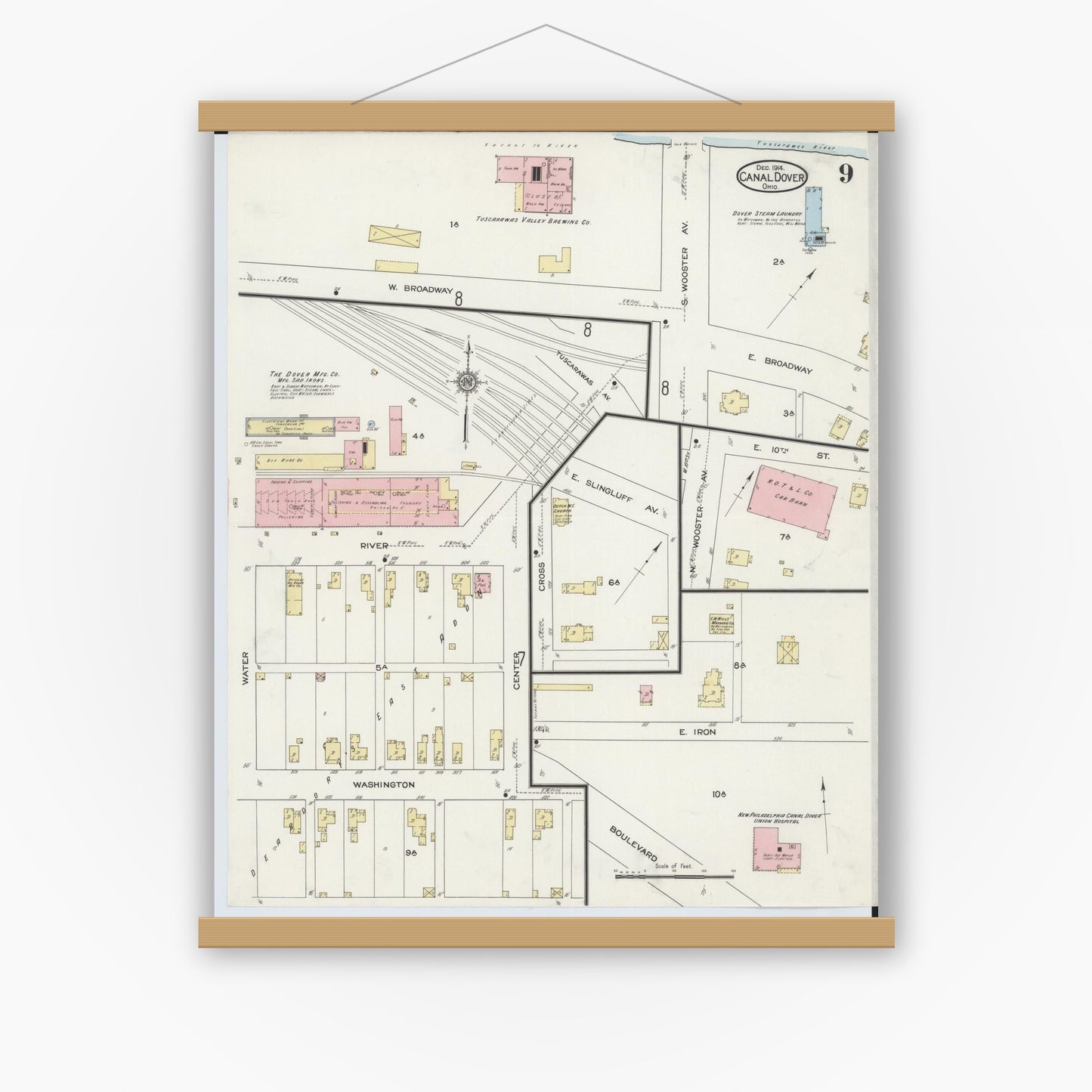 Old map wall art mockup — magnetic wood frame on white wall — Sanborn Fire Insurance Map from Canal Dover, Tuscarawas County, Ohio (1914), Sheet #0009