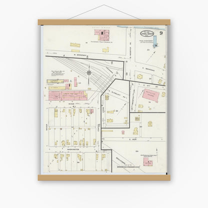 Old map wall art mockup — magnetic wood frame on white wall — Sanborn Fire Insurance Map from Canal Dover, Tuscarawas County, Ohio (1914), Sheet #0009