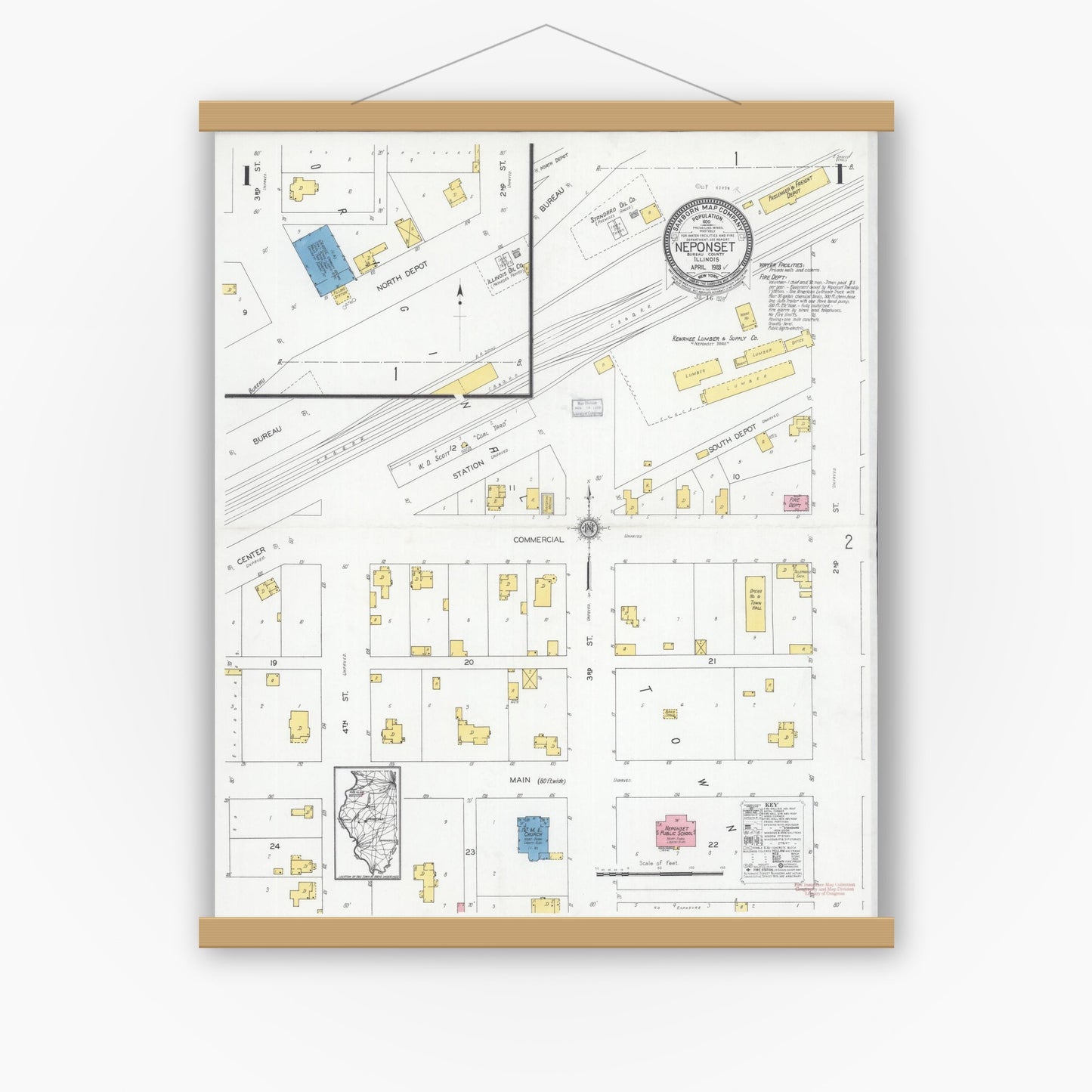 Old map wall art mockup — magnetic wood frame on white wall — Sanborn Fire Insurance Map from Neponset, Bureau County, Illinois (1928), Sheet #0001