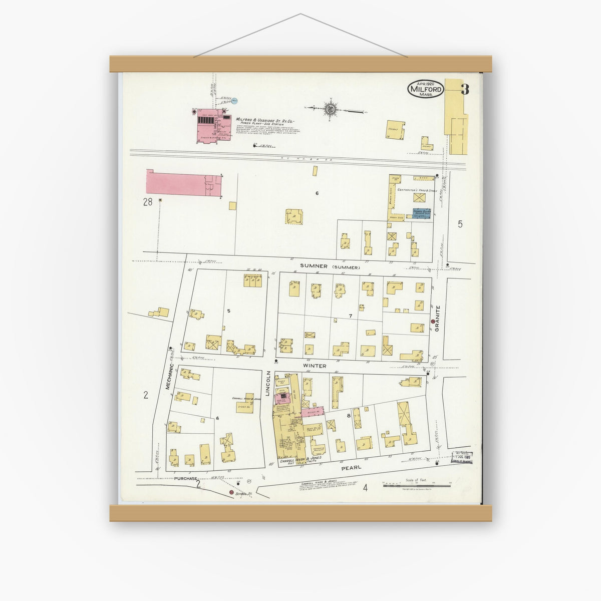 Old map wall art mockup — magnetic wood frame on white wall — Sanborn Fire Insurance Map from Milford, Worcester County, Massachusetts (1920), Sheet #0003