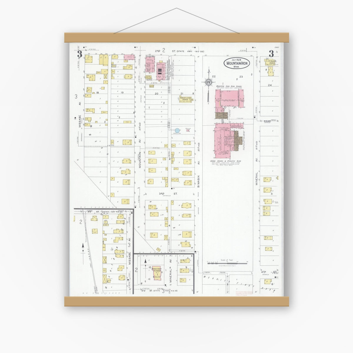Old map wall art mockup — magnetic wood frame on white wall — Sanborn Fire Insurance Map from Mountain Iron, Saint Louis County, Minnesota (1928), Sheet #0003
