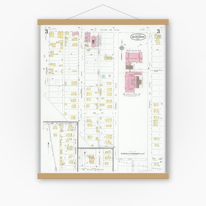Old map wall art mockup — magnetic wood frame on white wall — Sanborn Fire Insurance Map from Mountain Iron, Saint Louis County, Minnesota (1928), Sheet #0003