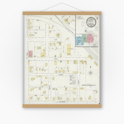 Old map wall art mockup — magnetic wood frame on white wall — Sanborn Fire Insurance Map from Commerce, Hunt County, Texas (1896), Sheet #0001