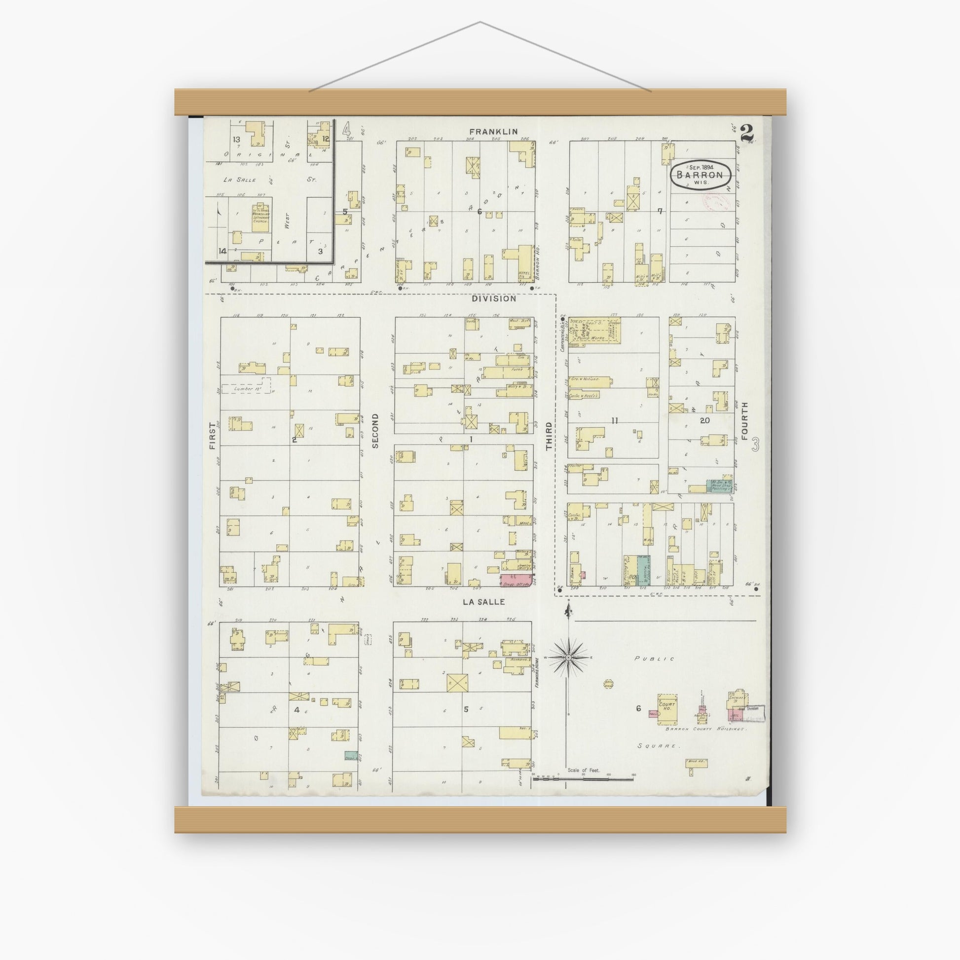 Old map wall art mockup — magnetic wood frame on white wall — Sanborn Fire Insurance Map from Barron, Barron County, Wisconsin (1894), Sheet #0002