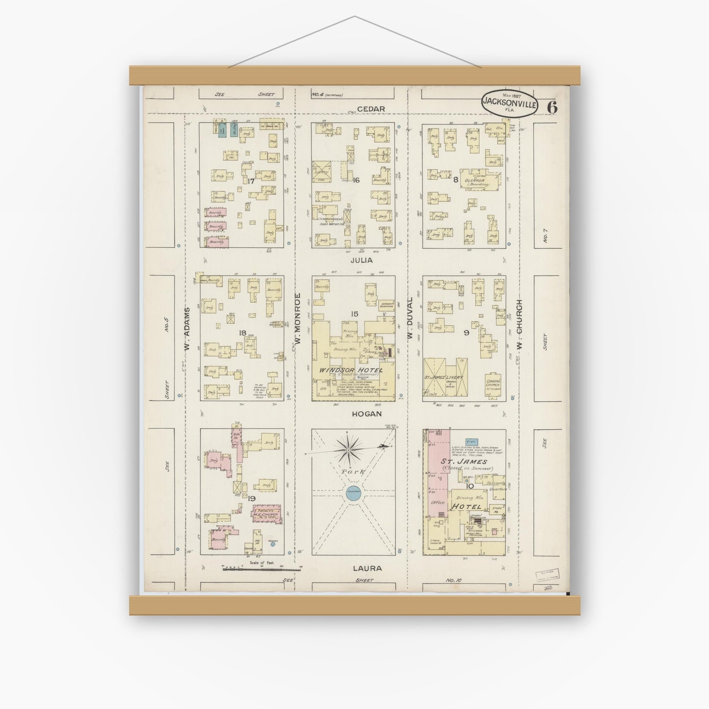 Old map wall art mockup — magnetic wood frame on white wall — Sanborn Fire Insurance Map from Jacksonville, Duval County, Florida (1887), Sheet #0006