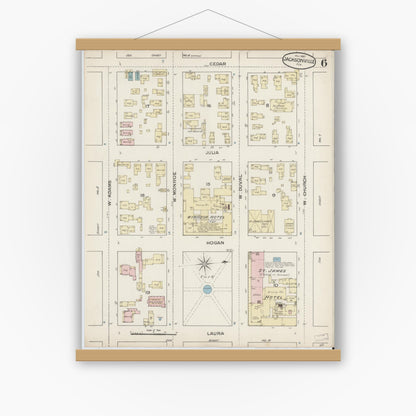Old map wall art mockup — magnetic wood frame on white wall — Sanborn Fire Insurance Map from Jacksonville, Duval County, Florida (1887), Sheet #0006
