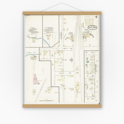 Old map wall art mockup — magnetic wood frame on white wall — Sanborn Fire Insurance Map from Red Oak, Montgomery County, Iowa (1886), Sheet #0004