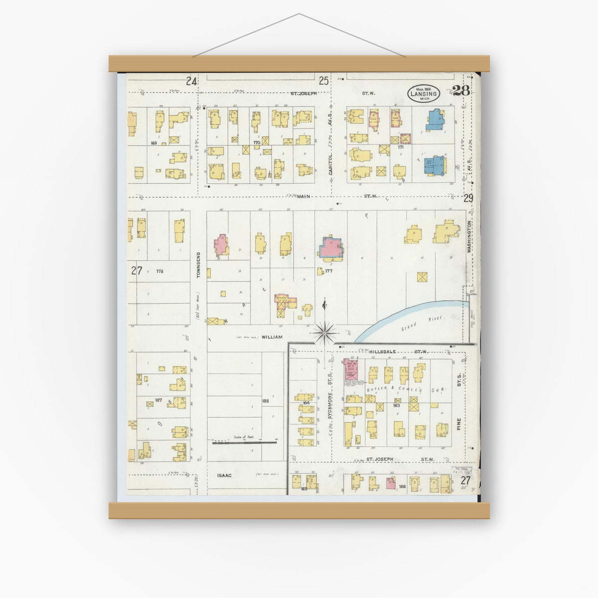 Old map wall art mockup — magnetic wood frame on white wall — Sanborn Fire Insurance Map from Lansing, Ingham County, Michigan (1906), Sheet #0028