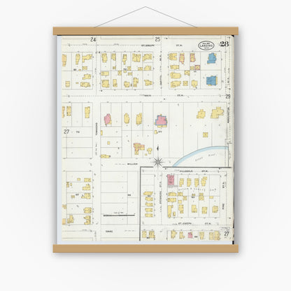 Old map wall art mockup — magnetic wood frame on white wall — Sanborn Fire Insurance Map from Lansing, Ingham County, Michigan (1906), Sheet #0028
