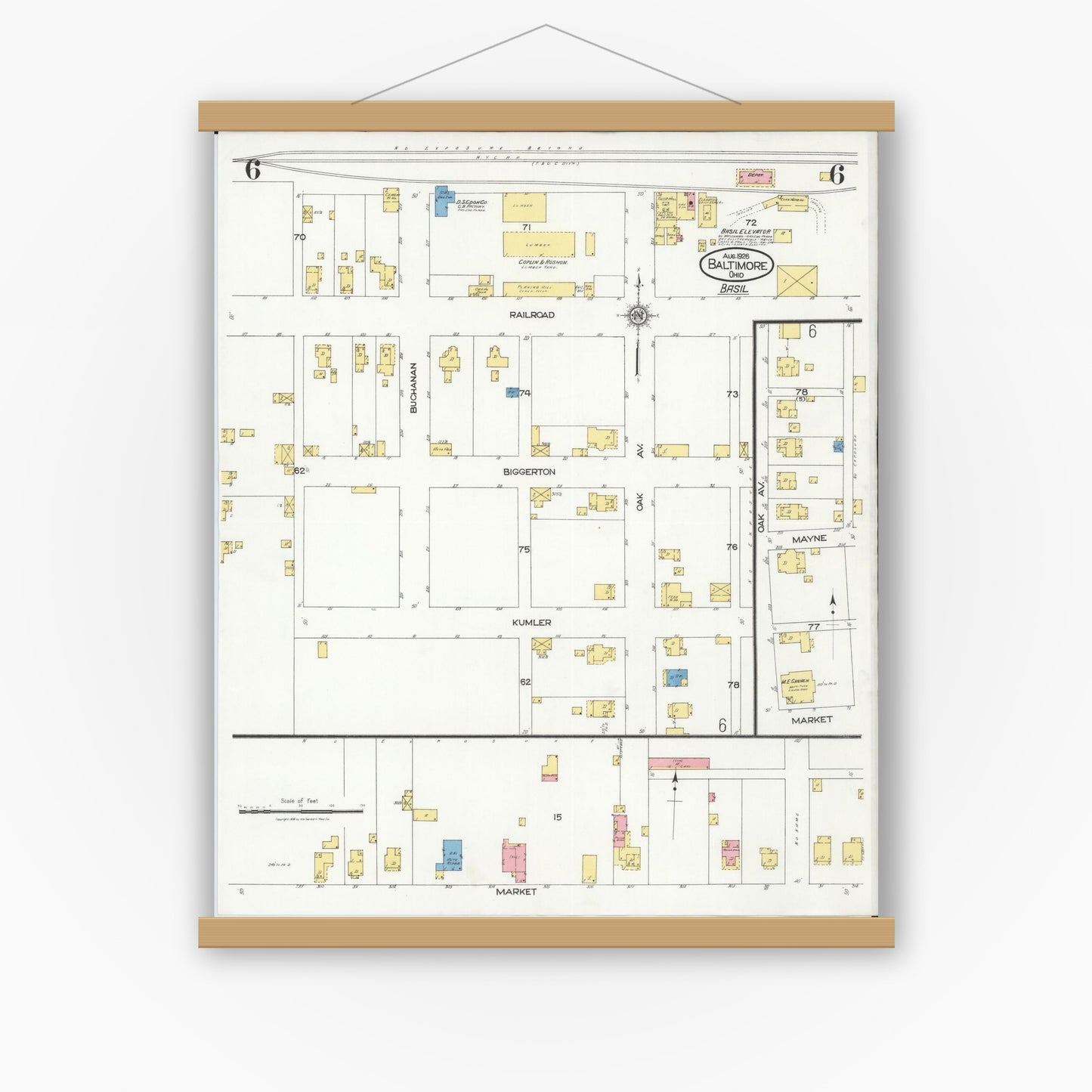 Old map wall art mockup — magnetic wood frame on white wall — Sanborn Fire Insurance Map from Baltimore, Fairfield County, Ohio (1926), Sheet #0006