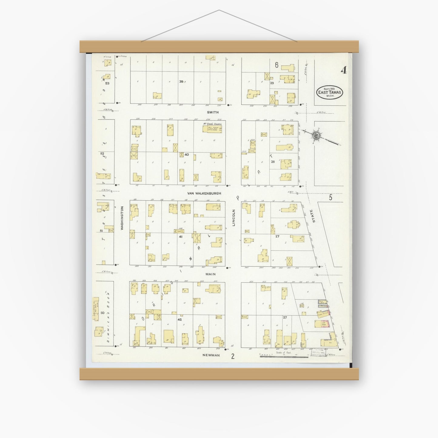 Old map wall art mockup — magnetic wood frame on white wall — Sanborn Fire Insurance Map from East Tawas, Iosco County, Michigan (1910), Sheet #0004