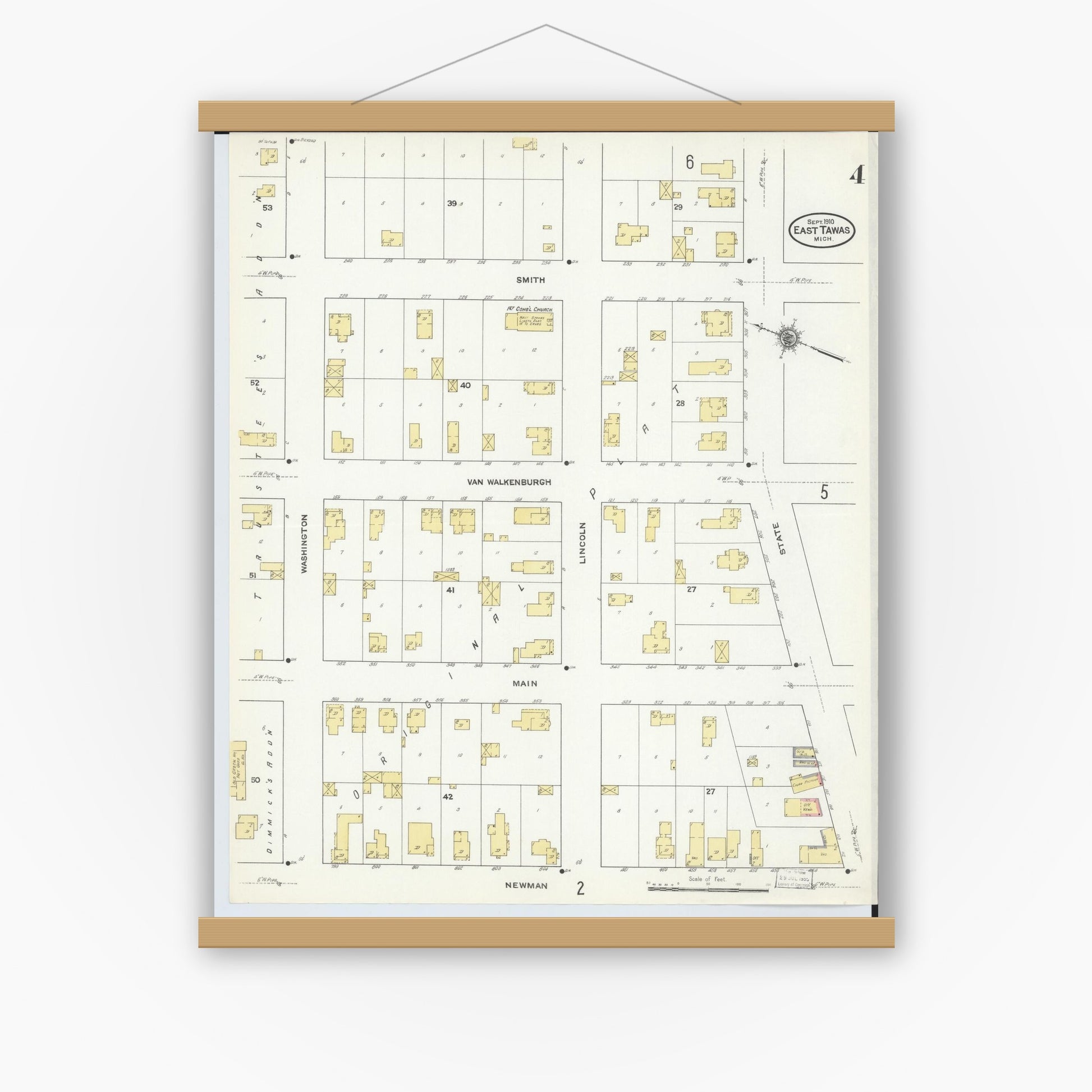 Old map wall art mockup — magnetic wood frame on white wall — Sanborn Fire Insurance Map from East Tawas, Iosco County, Michigan (1910), Sheet #0004