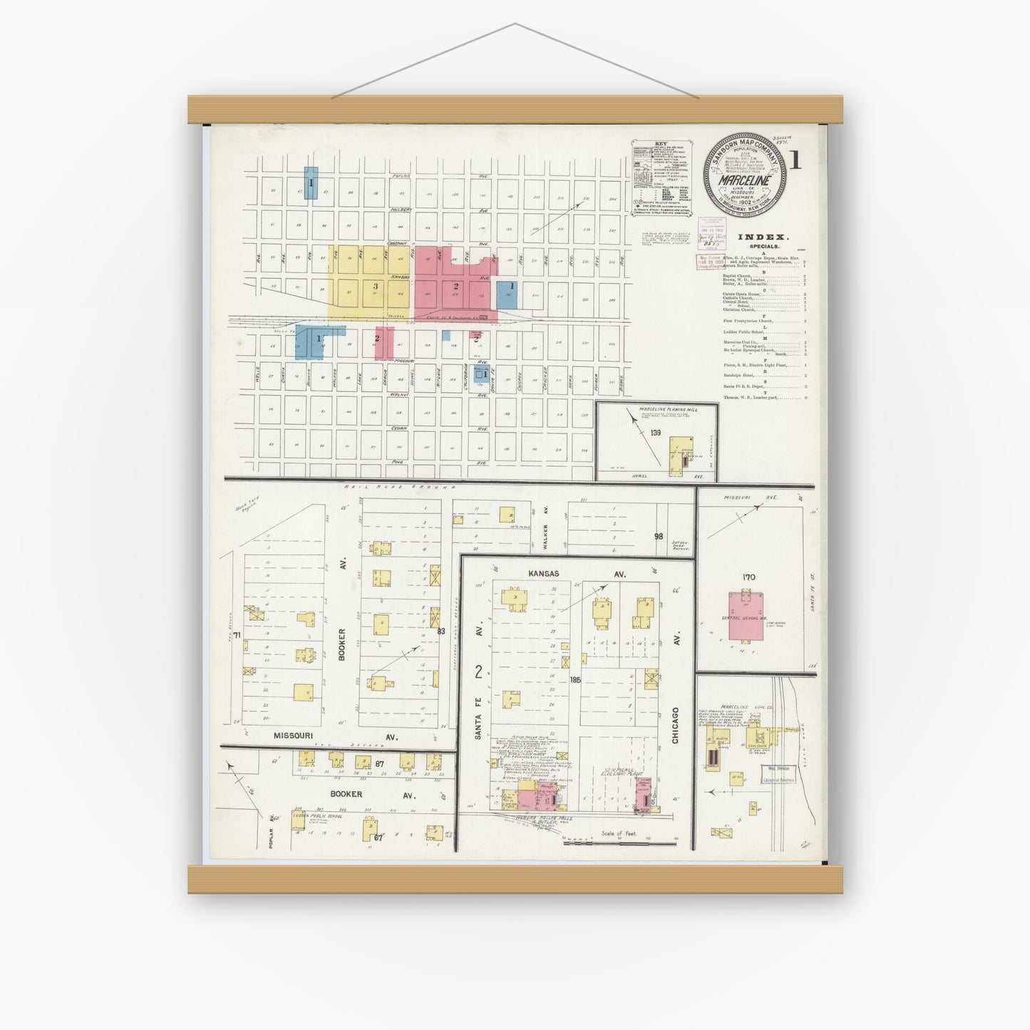 Old map wall art mockup — magnetic wood frame on white wall — Sanborn Fire Insurance Map from Marceline, Linn County, Missouri (1902), Sheet #0001