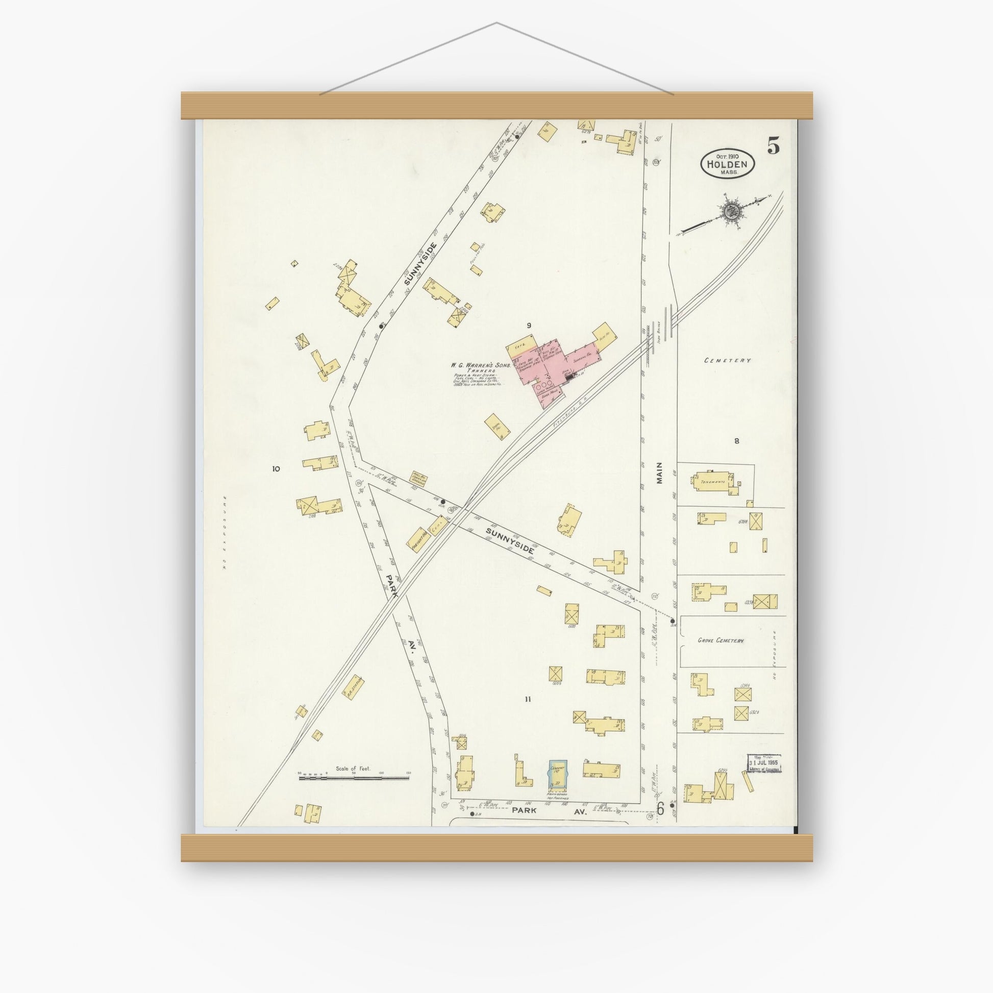 Old map wall art mockup — magnetic wood frame on white wall — Sanborn Fire Insurance Map from Holden, Worcester County, Massachusetts (1910), Sheet #0005