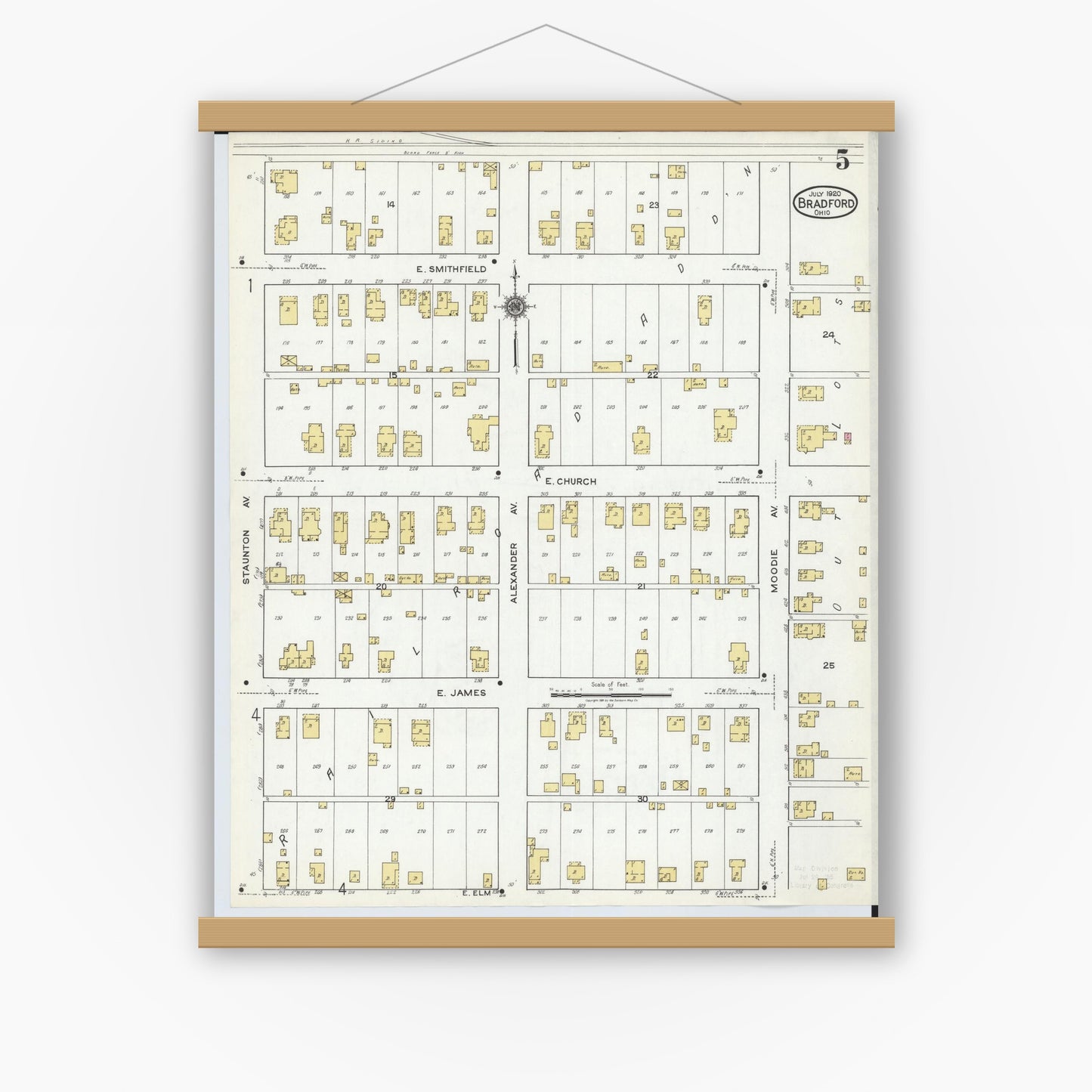 Old map wall art mockup — magnetic wood frame on white wall — Sanborn Fire Insurance Map from Bradford, Darke and Miami Counties, Ohio (1920), Sheet #0005