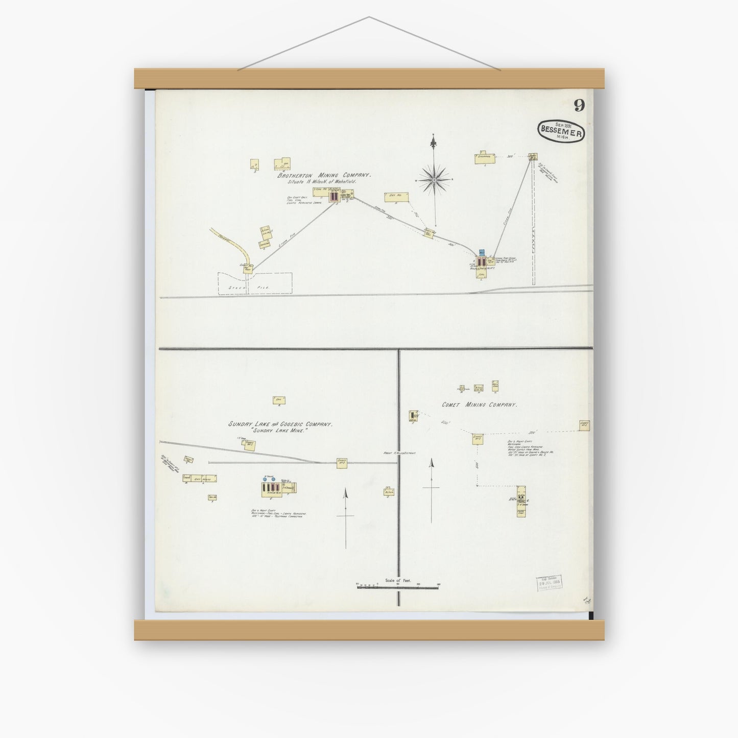 Old map wall art mockup — magnetic wood frame on white wall — Sanborn Fire Insurance Map from Bessemer, Gogebic County, Michigan (1891), Sheet #0009