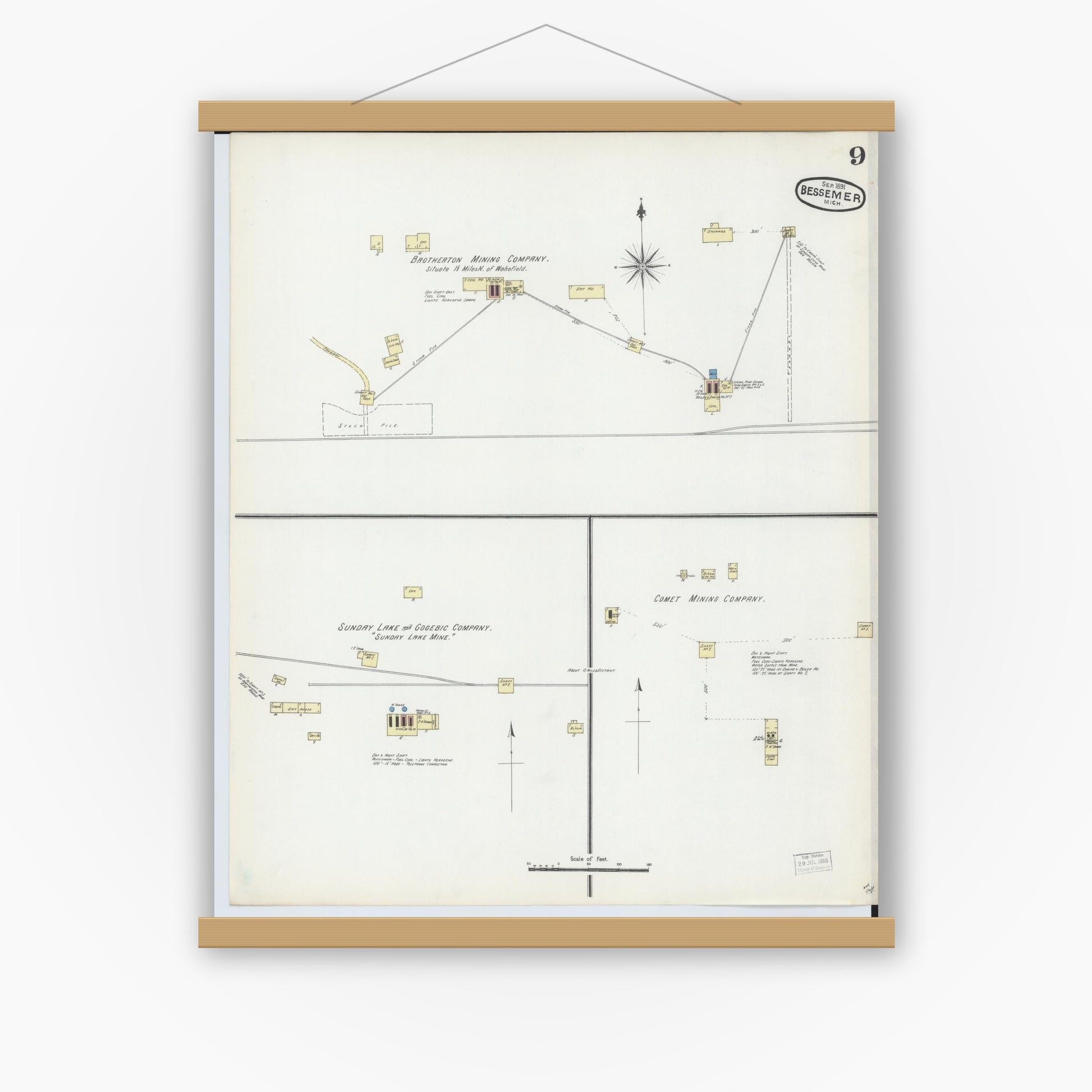 Old map wall art mockup — magnetic wood frame on white wall — Sanborn Fire Insurance Map from Bessemer, Gogebic County, Michigan (1891), Sheet #0009