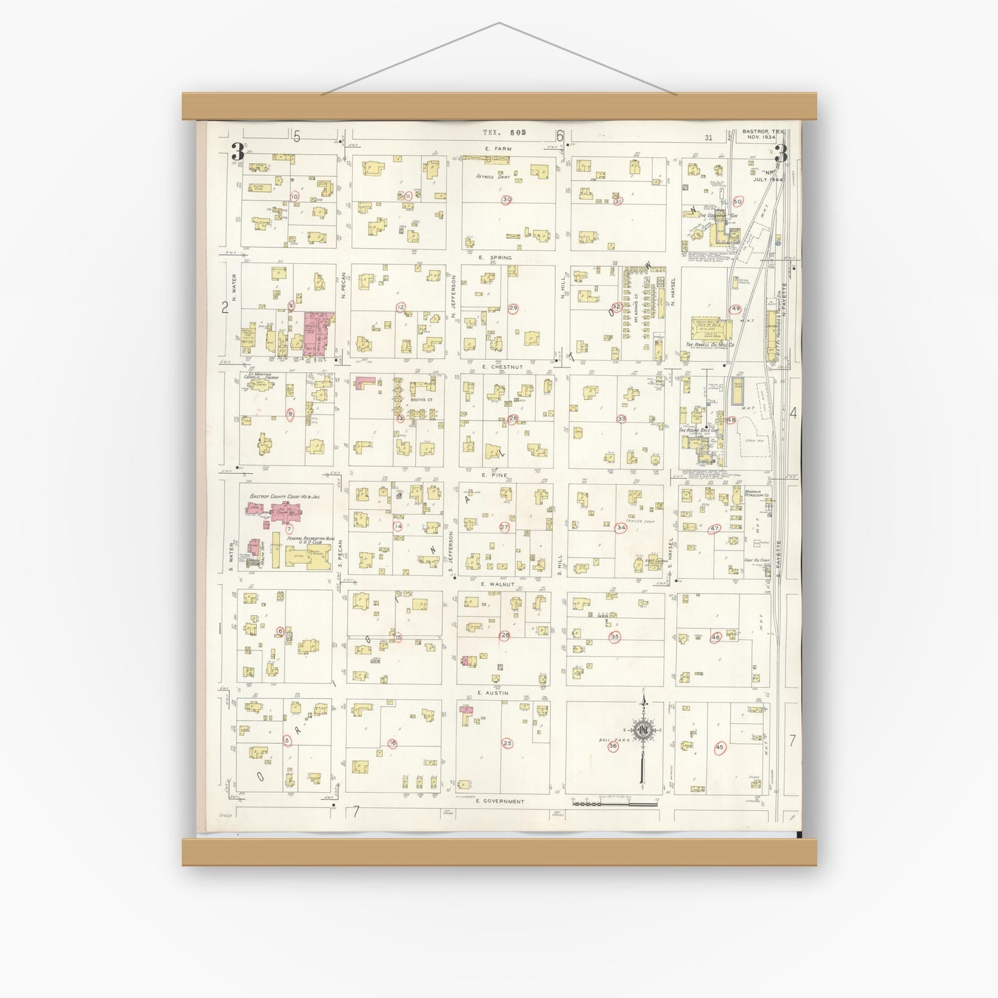 Old map wall art mockup — magnetic wood frame on white wall — Sanborn Fire Insurance Map from Bastrop, Bastrop County, Texas (1944), Sheet #0003