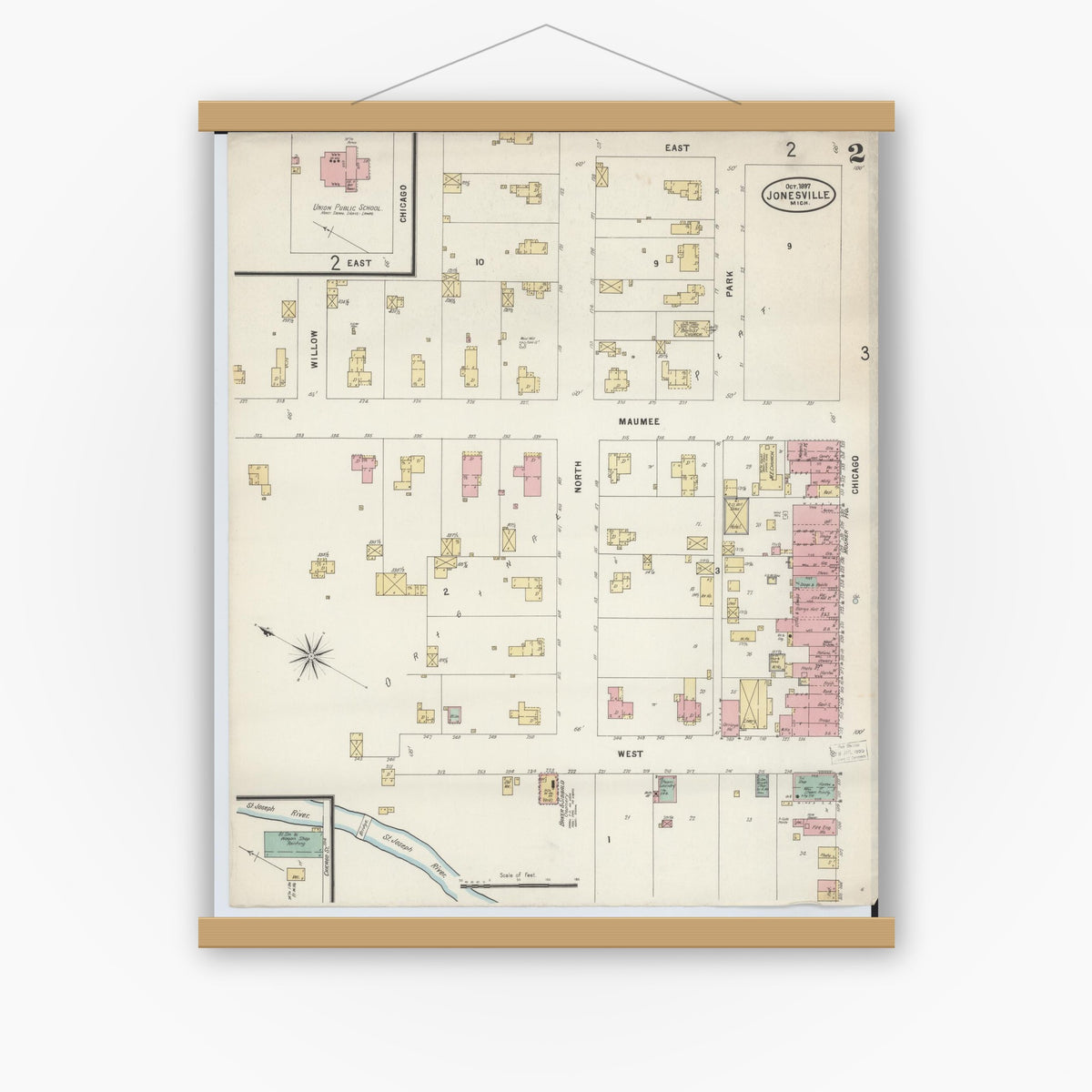 Old map wall art mockup — magnetic wood frame on white wall — Sanborn Fire Insurance Map from Jonesville, Hillsdale County, Michigan (1897), Sheet #0002