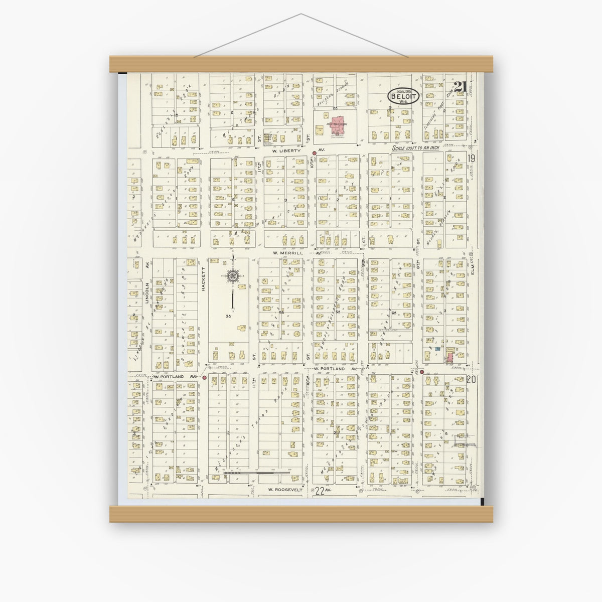 Old map wall art mockup — magnetic wood frame on white wall — Sanborn Fire Insurance Map from Beloit, Rock County, Wisconsin (1915), Sheet #0021
